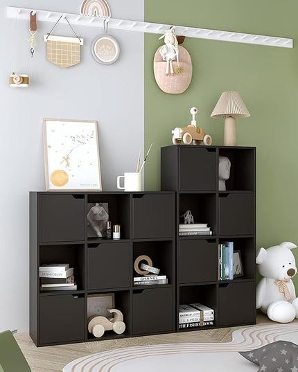 9-Cube Storage Shelf Bookcase - Wooden 3-Tier Floor Standing Open Bookshelf with Doors for Home and Office, Display Cabinet, Black - LeafyLoom