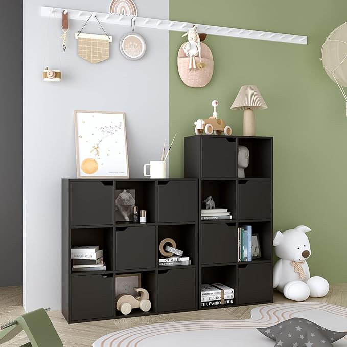 9-Cube Storage Shelf Bookcase - Wooden 3-Tier Floor Standing Open Bookshelf with Doors for Home and Office, Display Cabinet, Black - LeafyLoom