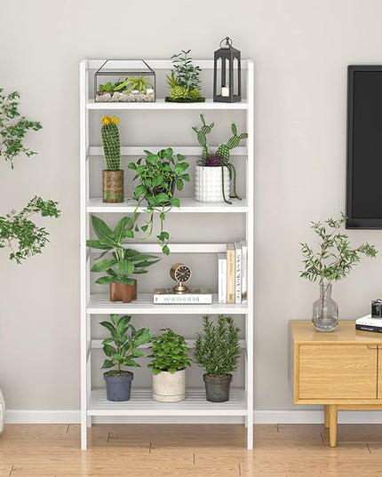 Homykic Bamboo White Bookshelf 4-Tier Ladder Shelf, 49.2” Freestanding Open Bookcase Book Shelf Bathroom Storage Shelf Unit Plant Stand for Small Space, Bedroom, Living Room, Home Office - LeafyLoom