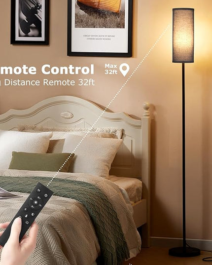 Ambimall 64'' Floor Lamps for Living Room with Remote Control and Stepless Dimmable Colors Temperature & Brightness, 9W Bulb Included(Black Lampshade & Black Pole) - LeafyLoom