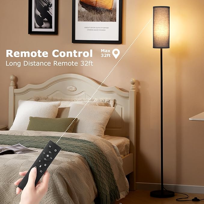Ambimall 64'' Floor Lamps for Living Room with Remote Control and Stepless Dimmable Colors Temperature & Brightness, 9W Bulb Included(Black Lampshade & Black Pole) - LeafyLoom