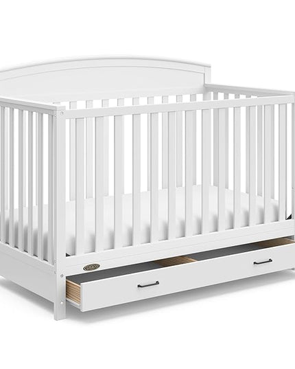Graco Benton 5-in-1 Convertible Crib with Drawer (White) - Converts from Baby Crib to Toddler Bed, Daybed and Full-Size Bed, Fits Standard Full-Size Crib Mattress, Adjustable Mattress Support Base - LeafyLoom