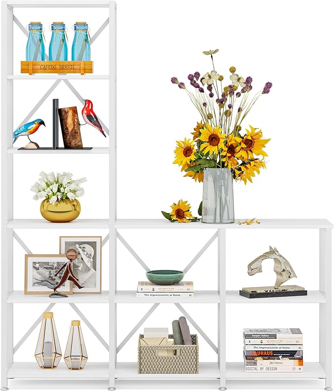 Tribesigns 9 Shelves Bookshelves, Industrial Ladder Corner Etagere Bookcase, Rustic 6-tier Display Open Shelf Storage Organizer for Living Room (White) - LeafyLoom