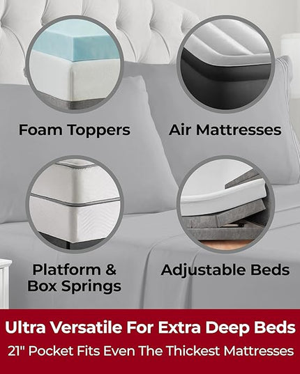 Mellanni Extra Deep King Sheets - 4 PC Iconic Collection Bedding Sheets & Pillowcases - Hotel Luxury, Ultra Soft, Cooling Bed Sheets - Extra Deep Pocket up to 21 inch (King, Gray) - LeafyLoom