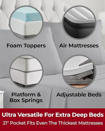 Mellanni Extra Deep Queen Sheets - 4 PC Iconic Collection Bedding Sheets & Pillowcases - Hotel Luxury, Ultra Soft, Cooling Bed Sheets - Extra Deep Pocket up to 21 inch (Queen, Gray) - LeafyLoom