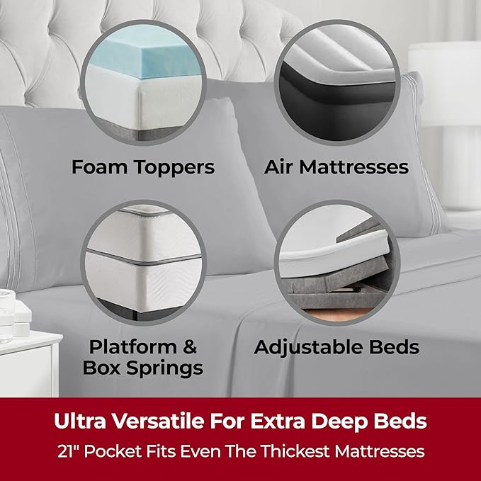 Mellanni Extra Deep Twin Sheets - 3 PC Iconic Collection Bedding Sheets & Pillowcases - Hotel Luxury, Ultra Soft, Cooling Bed Sheets - Extra Deep Pocket up to 21 inch (Twin, Gray) - LeafyLoom