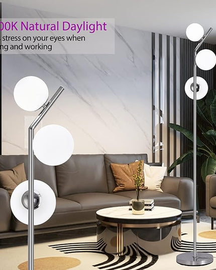 Modern Floor Lamp, LED Standing Tall Pole Lamp with Glass Shade, Elegant Mid Century Modern Floor Lamps for Living Room,Bedroom,Office,3 Lights (Bulbs Included) - LeafyLoom