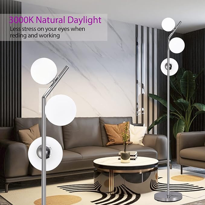 Modern Floor Lamp, LED Standing Tall Pole Lamp with Glass Shade, Elegant Mid Century Modern Floor Lamps for Living Room,Bedroom,Office,3 Lights (Bulbs Included) - LeafyLoom