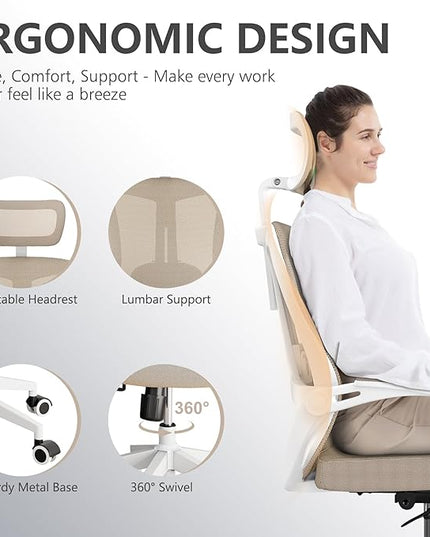 Office Chair 350LBS Capacity,Ergonomic Comfy Home Desk Chair,High Back Gaming Chair with Wheels,Mesh Computer Chair,Lumbar Support, Adjustable Headrest,Flip-up Armrest - LeafyLoom