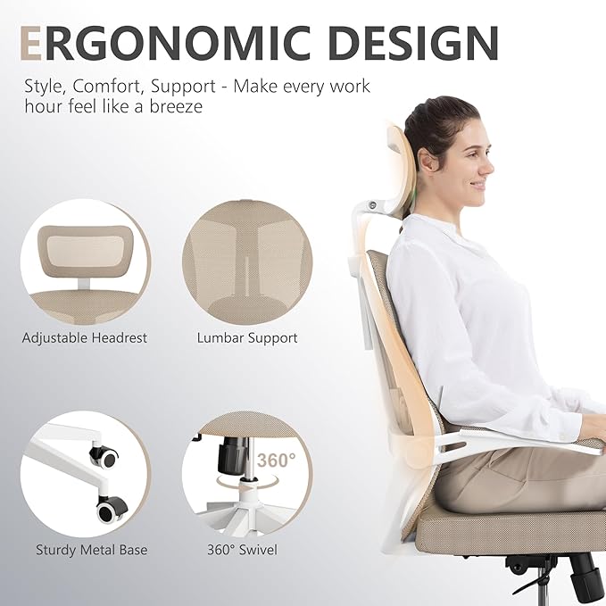 Office Chair 350LBS Capacity,Ergonomic Comfy Home Desk Chair,High Back Gaming Chair with Wheels,Mesh Computer Chair,Lumbar Support, Adjustable Headrest,Flip-up Armrest - LeafyLoom