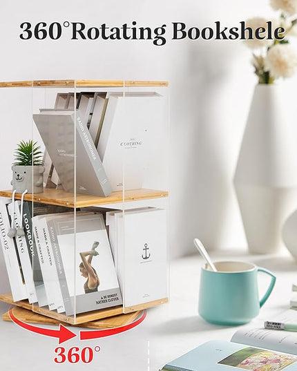 MYOYAY 360°Rotating Bookshelf 2 Tier Small Bookshelf with Doors Acrylic Bookshelf Spinning Modern Bookshelf Display Bookcase Rotating Storage Rack for Collectibles, Office, Bedroom or Living Room - LeafyLoom