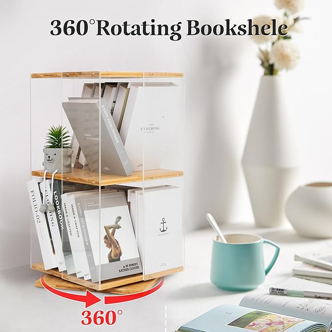 MYOYAY 360°Rotating Bookshelf 2 Tier Small Bookshelf with Doors Acrylic Bookshelf Spinning Modern Bookshelf Display Bookcase Rotating Storage Rack for Collectibles, Office, Bedroom or Living Room - LeafyLoom