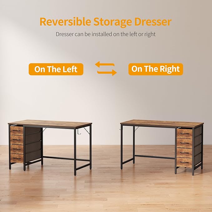 CubiCubi 47 Inch Computer Desk with 4 Drawers, Home Office Small Desk with Storage, Modern Study Writing Desk, Rustic Brown - LeafyLoom