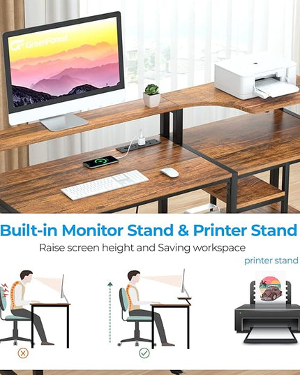 GreenForest 55 inch Computer Desk with Drawers and Outlets, Home Office Desk with Storage and Printer Shelf, Work Desk with Fabric File Drawer, Study Desk with Monitor Stand, Computer Table, Walnut - LeafyLoom