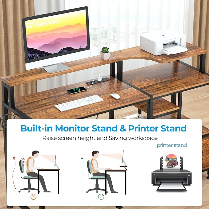 GreenForest 55 inch Computer Desk with Drawers and Outlets, Home Office Desk with Storage and Printer Shelf, Work Desk with Fabric File Drawer, Study Desk with Monitor Stand, Computer Table, Walnut - LeafyLoom