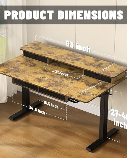 Electric Standing Desk, 63 * 30 Inches Adjustable Height with 4 Drawers, Double Storage Shelves Stand Up Desk, Home Office Workstation Sit Stand up Desk (Rustic Brown) - LeafyLoom