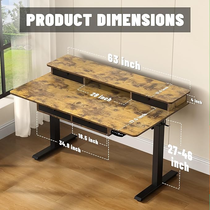 Electric Standing Desk, 63 * 30 Inches Adjustable Height with 4 Drawers, Double Storage Shelves Stand Up Desk, Home Office Workstation Sit Stand up Desk (Rustic Brown) - LeafyLoom