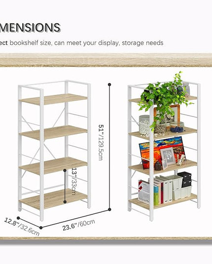 4NM Bookshelf 4 Tier Industrial Bookcase Home Office Adjustable Bookshelves Storage Shelves Organizer Vintage Book Shelf Display Rack for Living Room, Bedroom,Home - Natural - LeafyLoom