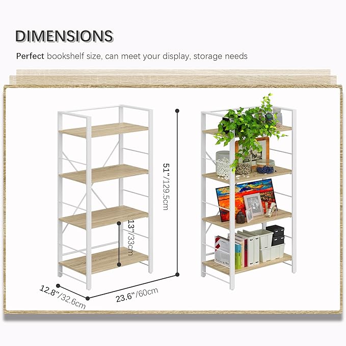 4NM Bookshelf 4 Tier Industrial Bookcase Home Office Adjustable Bookshelves Storage Shelves Organizer Vintage Book Shelf Display Rack for Living Room, Bedroom,Home - Natural - LeafyLoom
