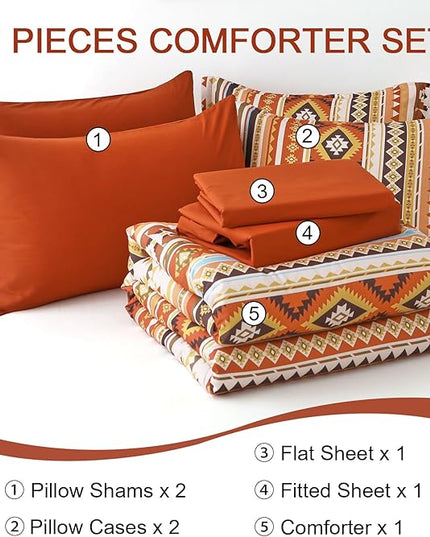 Dinjoy Queen Size Comforter Set Boho,Burn Orange Bed in a Bag Queen Striped Bedding Sets Terracotta Western Comforters with Sheets 7 Pieces Complete Set Aztec for All Seasons 90"x90" - LeafyLoom