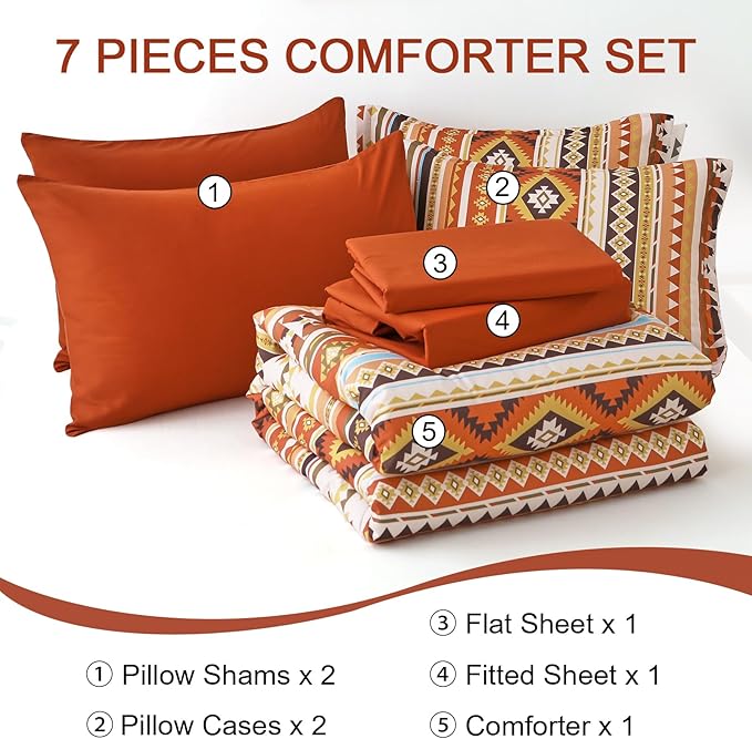 Burn Orange/Terracotta Comforter Set King, Boho Bed in A Bag King Size 7 Pieces Aztec Striped Bedding Set for Women Men Geometric Bohemian Complete Set (90"×104") - LeafyLoom