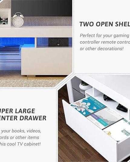 HOUAGI LED TV Stand for Televisions up to 55 Inchs,Modern Entertainment Center with Storage Drawer and Glass shelf, TV Console Table for Living room,Bedroom,White - LeafyLoom