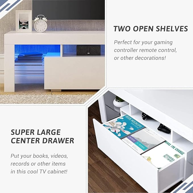 HOUAGI LED TV Stand for Televisions up to 55 Inchs,Modern Entertainment Center with Storage Drawer and Glass shelf, TV Console Table for Living room,Bedroom,White - LeafyLoom