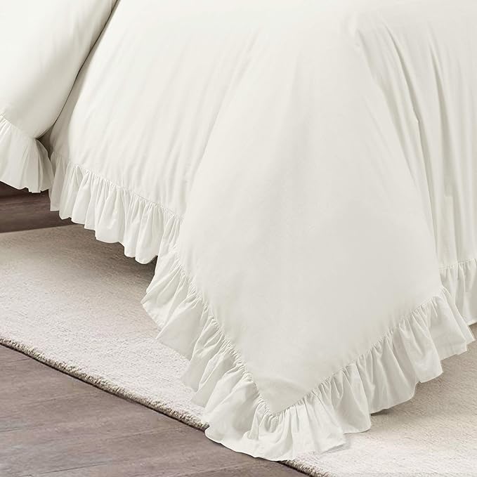 Lush Decor Reyna Ruffle 100% Cotton Duvet Cover Set - 3 Piece Cozy Ruffled Bedding Set - Timeless Elegance and Comfort - California King, White - LeafyLoom