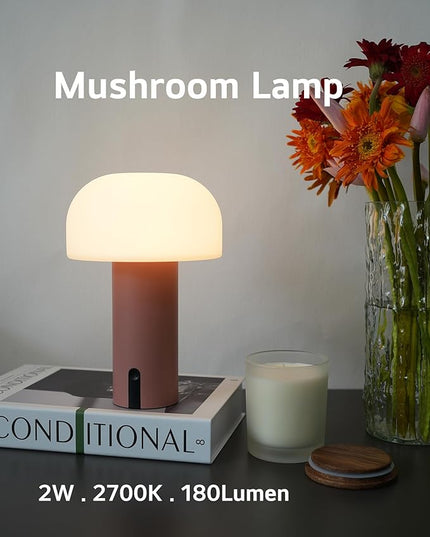 Outdoor Mushroom Table Lamp Rechargeable, Cordless Lamps for Patio Waterproof, Portable Battery Operated Lamp with USB Charging, Touch Dimming Night Light for Home/Porch/Restaurant (Pink) - LeafyLoom