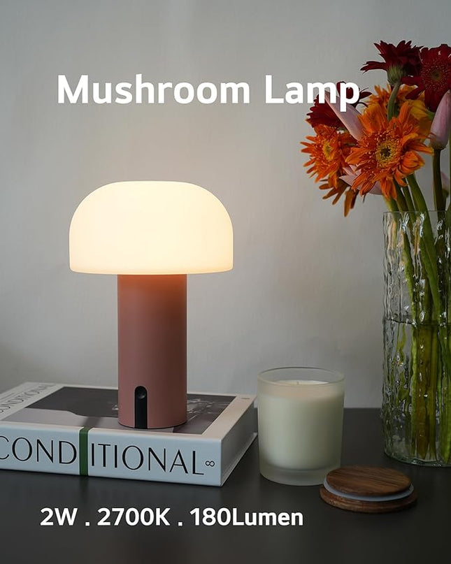 Outdoor Mushroom Table Lamp Rechargeable, Cordless Lamps for Patio Waterproof, Portable Battery Operated Lamp with USB Charging, Touch Dimming Night Light for Home/Porch/Restaurant (Pink) - LeafyLoom