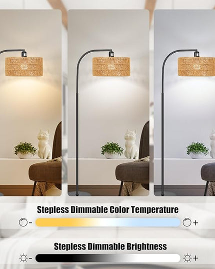 Rattan Floor Lamp- Boho Floor Lamp for Living Room, Rattan Standing Lamps with Dimmable Bulb, Adjustable Rattan Lamp Shades Bohemian Over Couch Lamps for Bedroom, Office - LeafyLoom