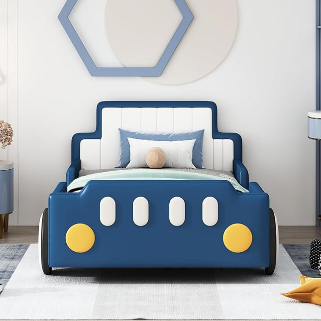 Twin Size Race Car Bed with Wheels,Kids Car-Shaped Beds W/Safety Guardrail,Slats Support,Easy Assembly,Wooden Platform Bedframe for Boys Toddlers Child's Bedroom,Blue PU - LeafyLoom