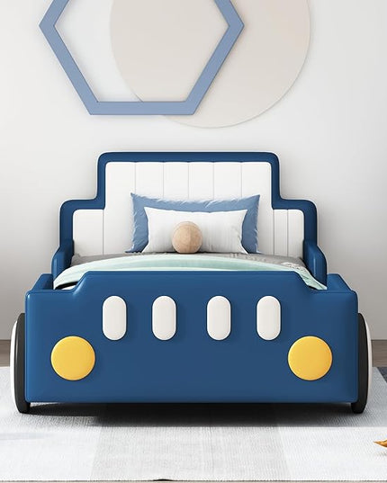 Twin Size Race Car Bed for Kids, PU Car-Shaped Bedframe with Wheels and Side Rails for Boys,Girls, Wood Slat Support, No Box Spring Needed,Blue - LeafyLoom