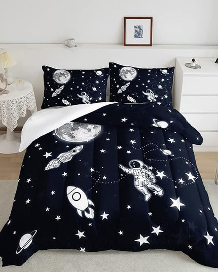 Datura home Kids Comforter Set Astronaut Space Rocket Printed Pattern Quilt Bedding Set with 1 Comforter and 2 Pillowcases for Girls Bedroom All Season(Space Rocket Full), Full 80x90inches - LeafyLoom