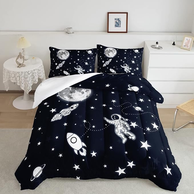 Datura home Kids Comforter Set Astronaut Space Rocket Printed Pattern Quilt Bedding Set with 1 Comforter and 2 Pillowcases for Girls Bedroom All Season(Space Rocket Twin), Twin 68x86inches - LeafyLoom