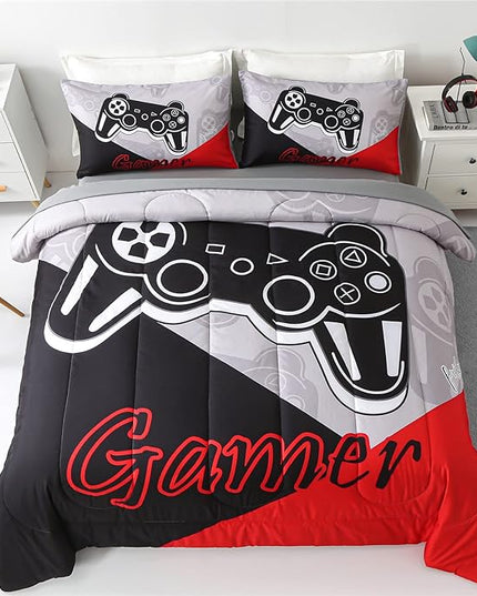 KAKKI 4 Piece Boys Twin Gamer Comforter Set with Sheets, 3D Colorful Video Game Controller Comforter for Kids Teen, All Season Soft Microfiber Gaming Bedding Set(Red,Twin) - LeafyLoom