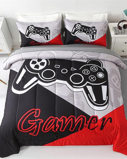 KAKKI 5 Piece Boys Full Gamer Comforter Set with Sheets, 3D Colorful Video Game Controller Comforter for Kids Teen, All Season Soft Microfiber Gaming Bedding Set(Red,Full) - LeafyLoom