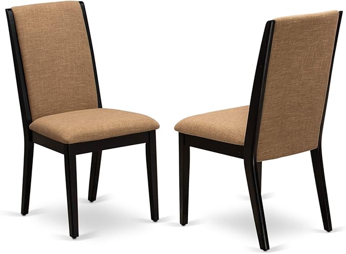 East West Furniture ESLA3-BCH-47 Eden 3 Piece Modern Dining Set Contains a Round Wooden Table with Pedestal and 2 Light Sable Linen Fabric Upholstered Chairs, 30x30 Inch, Black & Cherry - LeafyLoom
