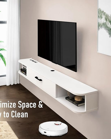 Floating TV Unit, 63'' Wall Mounted TV Cabinet, Floating Shelves with Door, Modern Entertainment Media Console Center Large Storage TV Bench for Living Room & Office (62.99IN, White) - LeafyLoom