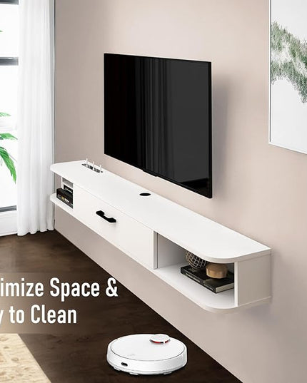 Floating TV Unit, 47'' Wall Mounted TV Cabinet, Floating Shelves with Door, Modern Entertainment Media Console Center Large Storage TV Bench for Living Room & Office (47.24IN, White) - LeafyLoom