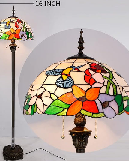 WERFACTORY Tiffany Floor Lamp Hummingbird Amber Stained Glass Standing Reading Light 16X16X64 Inches Antique Pole Corner Lamp Decor Bedroom Living Room Home Office S101 Series - LeafyLoom