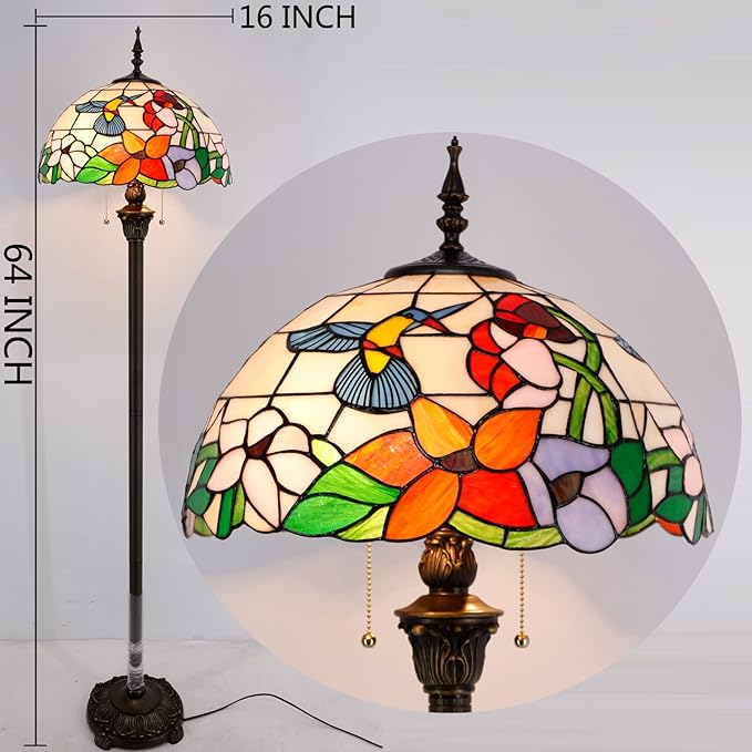 WERFACTORY Tiffany Floor Lamp Hummingbird Amber Stained Glass Standing Reading Light 16X16X64 Inches Antique Pole Corner Lamp Decor Bedroom Living Room Home Office S101 Series - LeafyLoom