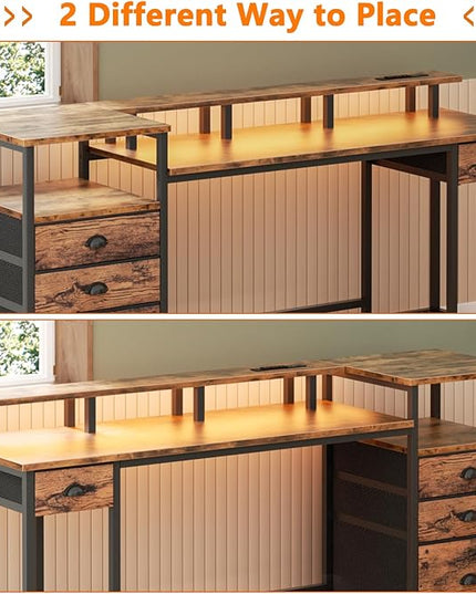 Furologee Computer Desk with Drawers, 60" Office Long Desk with Fabric File Cabinet and Power Outlets, Gaming Desk with LED Lights, Study Writing Work Desk for Home Office, Rustic Brown - LeafyLoom