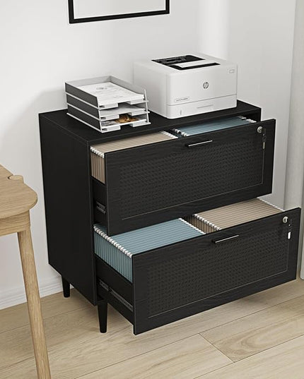 2 Drawer File Cabinet, Lateral File Cabinet with Lock, Rattan Wood Filing Organization Cabinet for Home Office, Black - LeafyLoom
