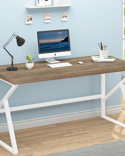 HSH Farmhouse Desk, Modern Home Office Desk, Student Desk for Bedroom Computer Table, Rustic Wood and Metal PC Laptop Computer Desk, Simple Writing Study Gaming Desk Executive Workstation, 55 Inch - LeafyLoom