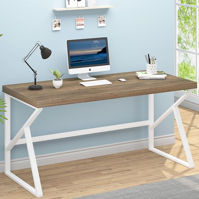HSH Farmhouse Desk, Modern Home Office Desk, Student Desk for Bedroom Computer Table, Rustic Wood and Metal PC Laptop Computer Desk, Simple Writing Study Gaming Desk Executive Workstation, 55 Inch - LeafyLoom