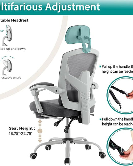 MCQ Office Computer Desk Chair, Gaming Chairs for Adults, High-Back Mesh Rolling Swivel Reclining Chairs with Wheels, Comfortable Lumbar Support, Comfy Arms for Home, Office, Gaming, Student, Grey - LeafyLoom