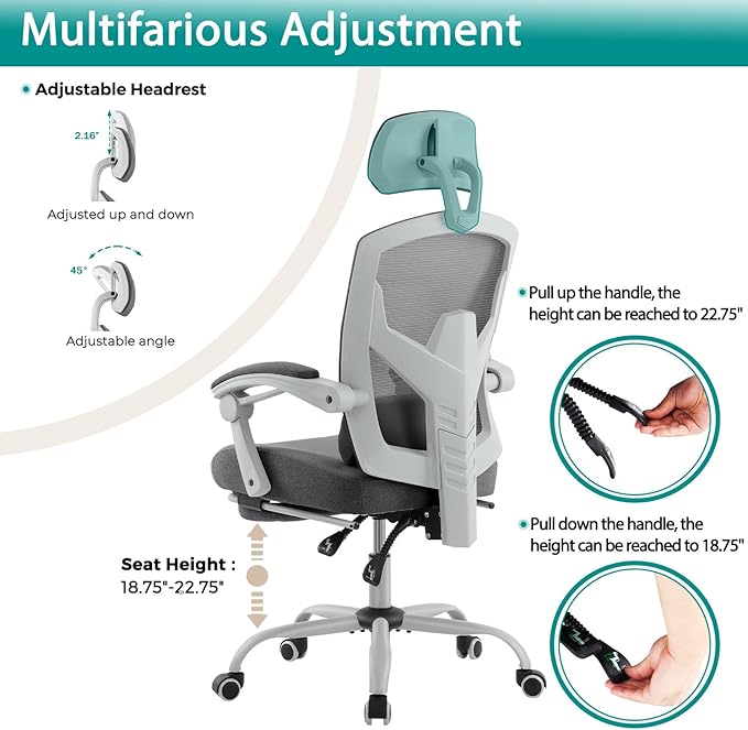 MCQ Office Computer Desk Chair, Gaming Chairs for Adults, High-Back Mesh Rolling Swivel Reclining Chairs with Wheels, Comfortable Lumbar Support, Comfy Arms for Home, Office, Gaming, Student, Grey - LeafyLoom