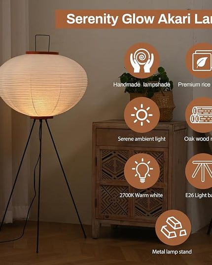 Huga Collective Serenity Glow Akari Paper Lamp | Rice Paper Noguchi Inspired Paper Lantern Floor Lamp for Wabi Sabi Decor | Japanese Rice Paper Floor Lamp - LeafyLoom