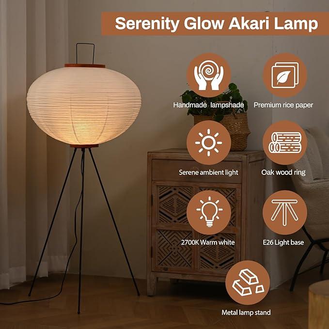 Huga Collective Serenity Glow Akari Paper Lamp | Rice Paper Noguchi Inspired Paper Lantern Floor Lamp for Wabi Sabi Decor | Japanese Rice Paper Floor Lamp - LeafyLoom